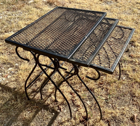 Vtg set mid century mesh Wrought Iron Nesting Tables Woodard Salterini Style