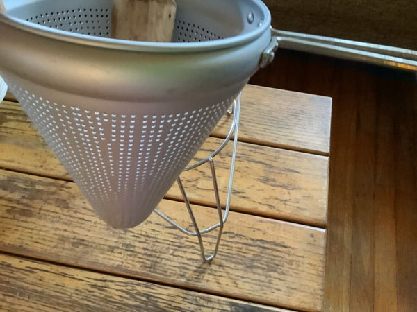 Vintage Aluminum Cone Colander with Stand & Wood Pestle Canning Strainer Sieve