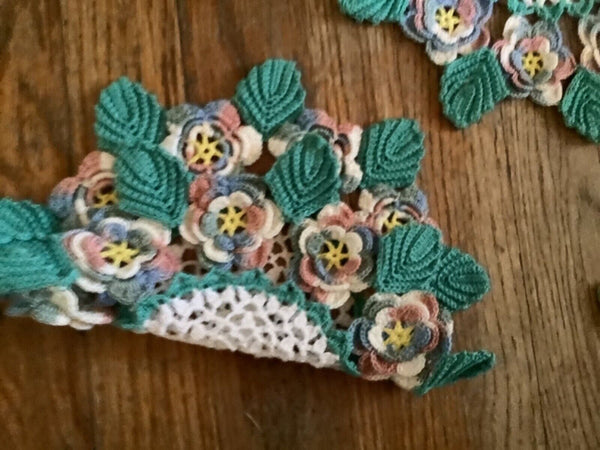 VTG Lot 3 Crocheted Large Round Doily Raised Flower Design pink blue green white