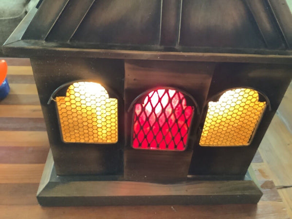 Vtg brass table Lamp Mid Century Modern Stained glass door house shaped lantern