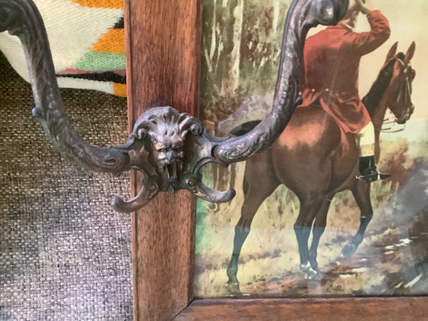 Vtg antique victorian tiger Oak Hall Mirror Coat hat Rack brass Hooks wood horse