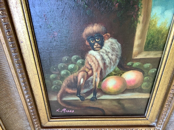 Vtg K Mills Monkey Painting Oil on Canvas Signed & Framed picture frame gold