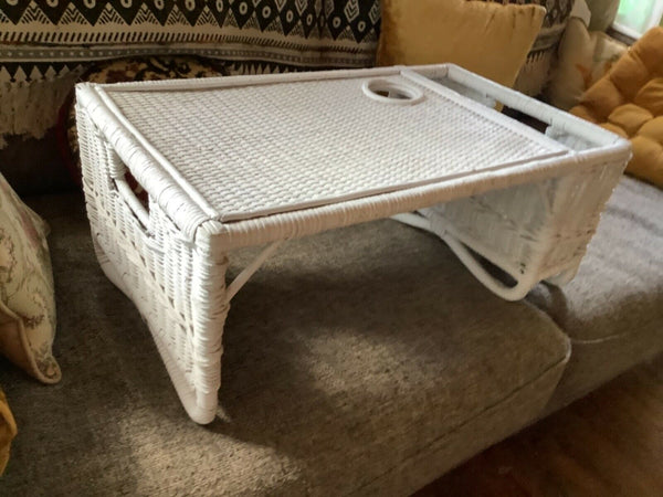 Vtg Shabby Cottage White Wicker Bed Lap Breakfast Serving Tray magazine rack