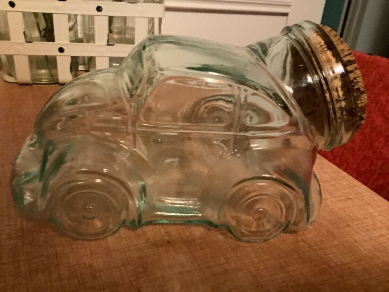 Vintage Glass Volkswagen car Beetle cookie candy Jar cork stopper