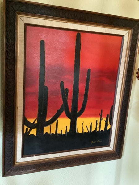 Vtg Painting sunset Landscape Desert Saguaro Cactus Mountains Southwest 1978