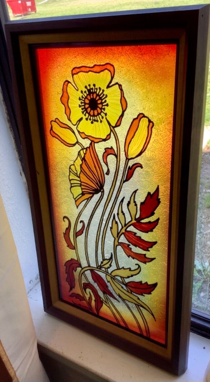 Vtg Stained Glass Wall Hanging Picture flower floral Wood Frame window catcher