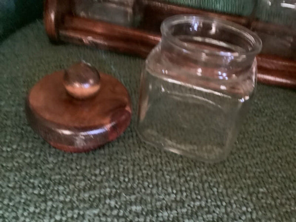 VTg SET 3 GLASS CANISTERS  WOOD LIDS GENERAL STORE CANDY JARS USA Anchor Hocking