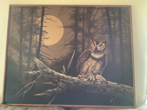 Vintage Letterman Owl moon tree Oil on Canvas Signed Modern Mid Century art