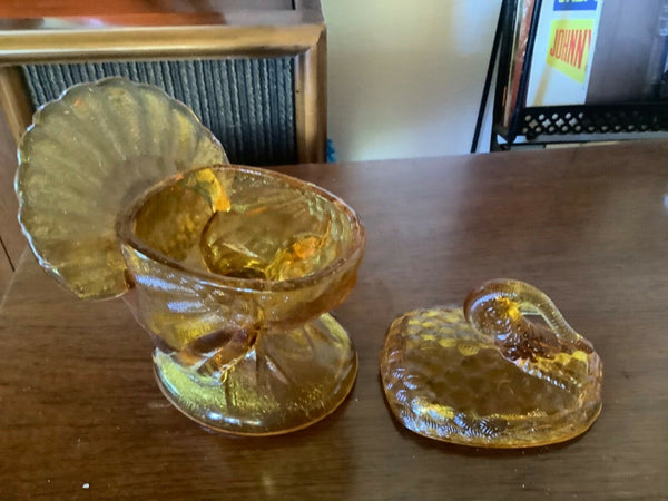Vintage Amber covered Glass Turkey Candy Dish