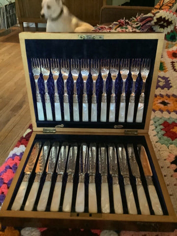 Vtg Joseph Elliot & Sons fruit forks knives silverware Bone Handle wood chest