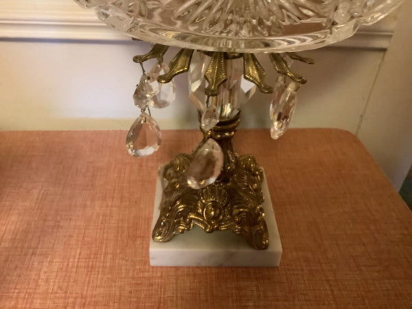Antique Cut Glass Crystal Compote Fruit Bowl w/ Prisms Brass Pedestal and Marble