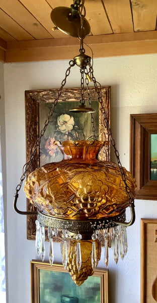 Vtg 1910 light fixture antique brass Amber glass shade GWTW gone with the wind