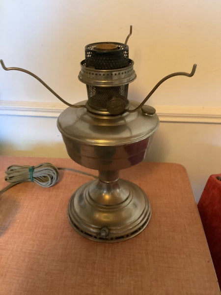 Vintage Aladdin Model 12 Nickel Plated Kerosene Oil Lamp with green metal shade