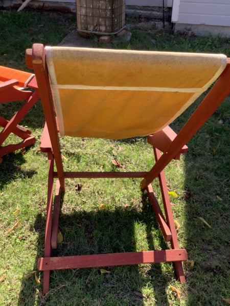 Vtg Beach Sling Chair red Wood & Canvas Deck Beach Pool Lounge Chair  Folding