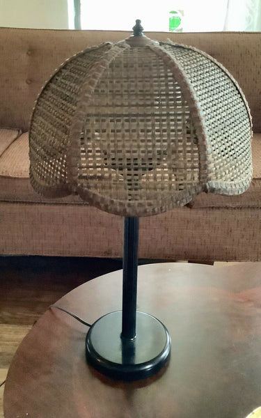 Vintage Mid Century Table Lamp Faux Bamboo Brown Wicker/Rattan/Cane Shade