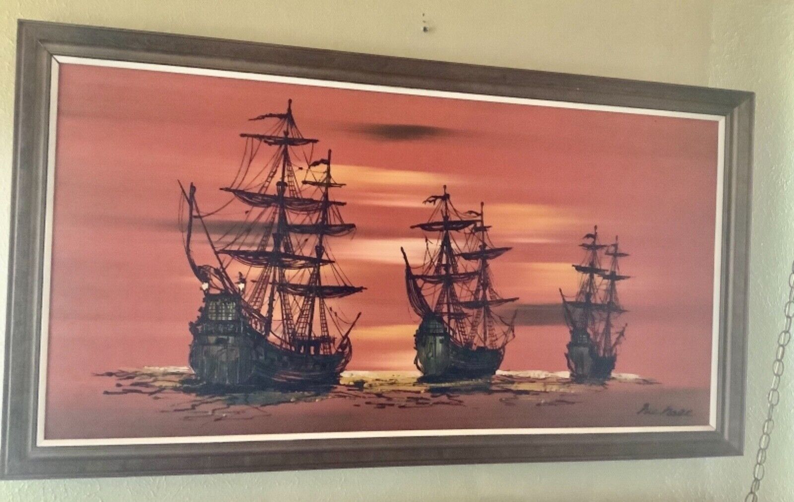 Vtg Mid-Century framed frame Modern Oil Painting Spanish Ships Orange signed mcm