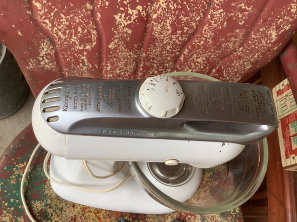 Vintage Mid Century WHITE Kitchen Aid Mixer Model 4-C & Stainless Steel Bowl USA