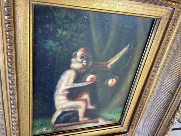 Vintage K Mills Monkey Painting Oil on Canvas Signed & Framed picture frame gold