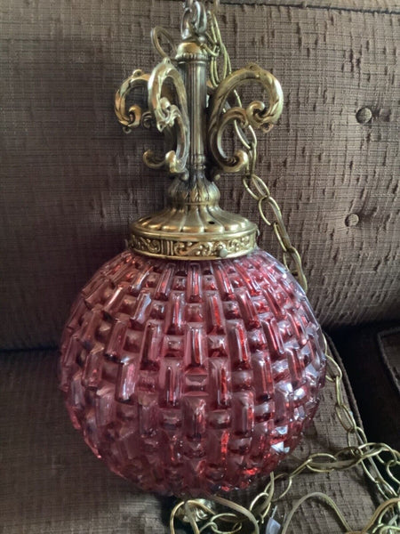 Vtg MCM Retro Purple amethyst Glass orb Hanging Swag Light Fixture mid century