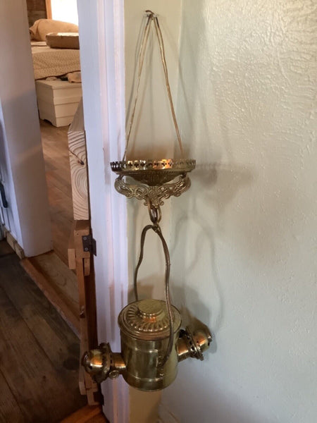 Vtg  antique Brass Two Burner Double Angle Lamp light Fixture  Hanging Canopy