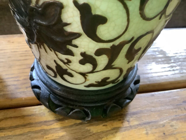 Vtg pair Asian Ginger Jar Table Lamp Black & White Floral Farmhouse