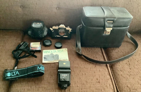 MINOLTA XG-1 35mm SLR w/45mm LENS CASE strap extras TESTED