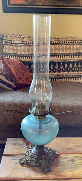 Antique Vtg Blue kerosene oil lamp Cherub electric parlor with chimney