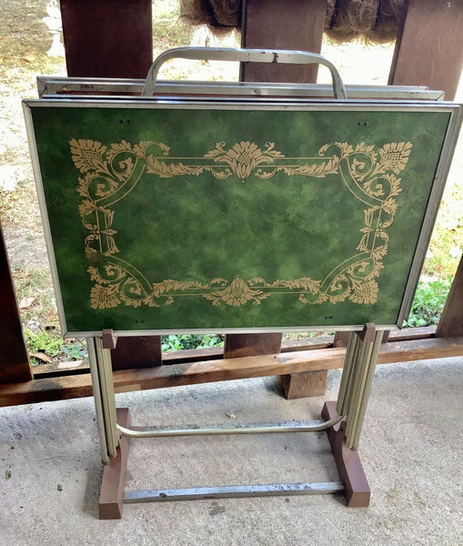 Vtg mid century Modern Set of 4 Metal TV Trays stand cart Green Gold MCM table