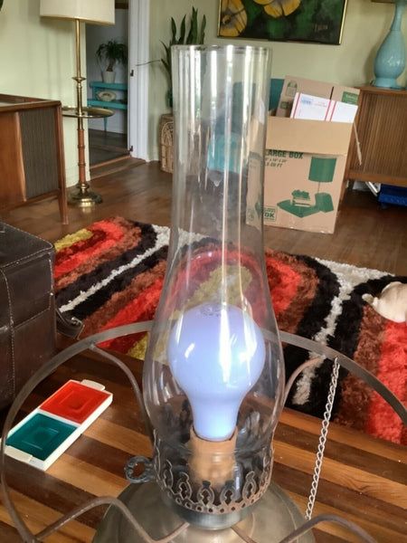 Vtg antique silver Hurricane Oil Electric Lamp milk Glass shade globe chimney
