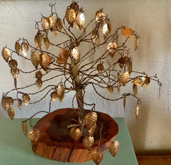 Vintage Braided Wire Gold leaf Shimmering Kinetic Tree Mid Century Art Sculpture
