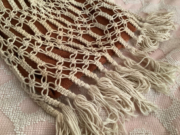 Vintage Brown tan Hand Crochet  Drawstring Bucket Bag purse handbag hand made