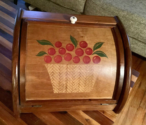 Vtg CORNWALL Wood BREAD BOX APPLE  BASKET HANG WALL  counter breadbox farmhouse