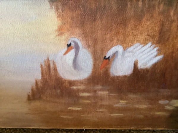 Vintage Swans Birds Landscape Artist Original Oil Painting mountains pond