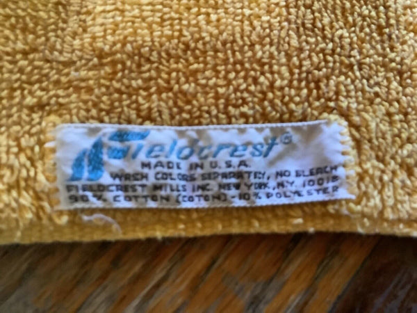 Vtg FIELDCREST Yellow Gold pair Bath hand Towels Mid-Century USA Fringed floral