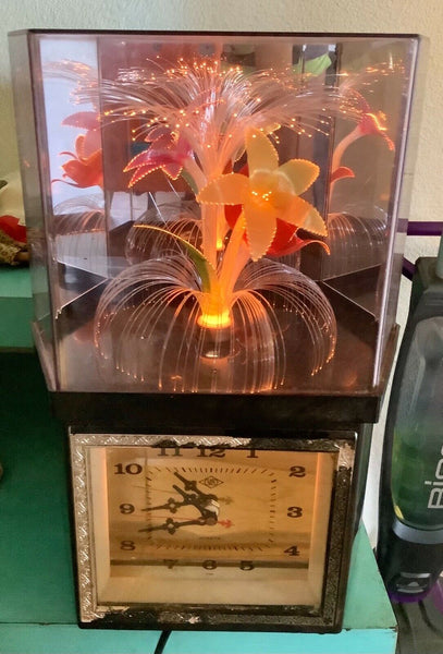 Vtg Fiber Optic Color Changing Light Rotating Flower Lamp Quartz Clock mcm