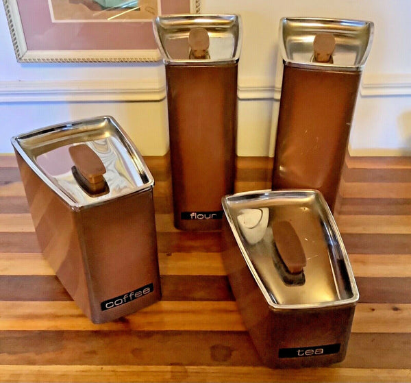 Vtg mcm modern Lincoln Beauty Ware 4-piece tin metal chrome containers canisters
