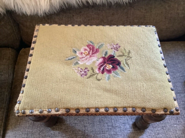 Antique Country Needlepoint Foot Stool Vintage Cross Stitch Step stool wood