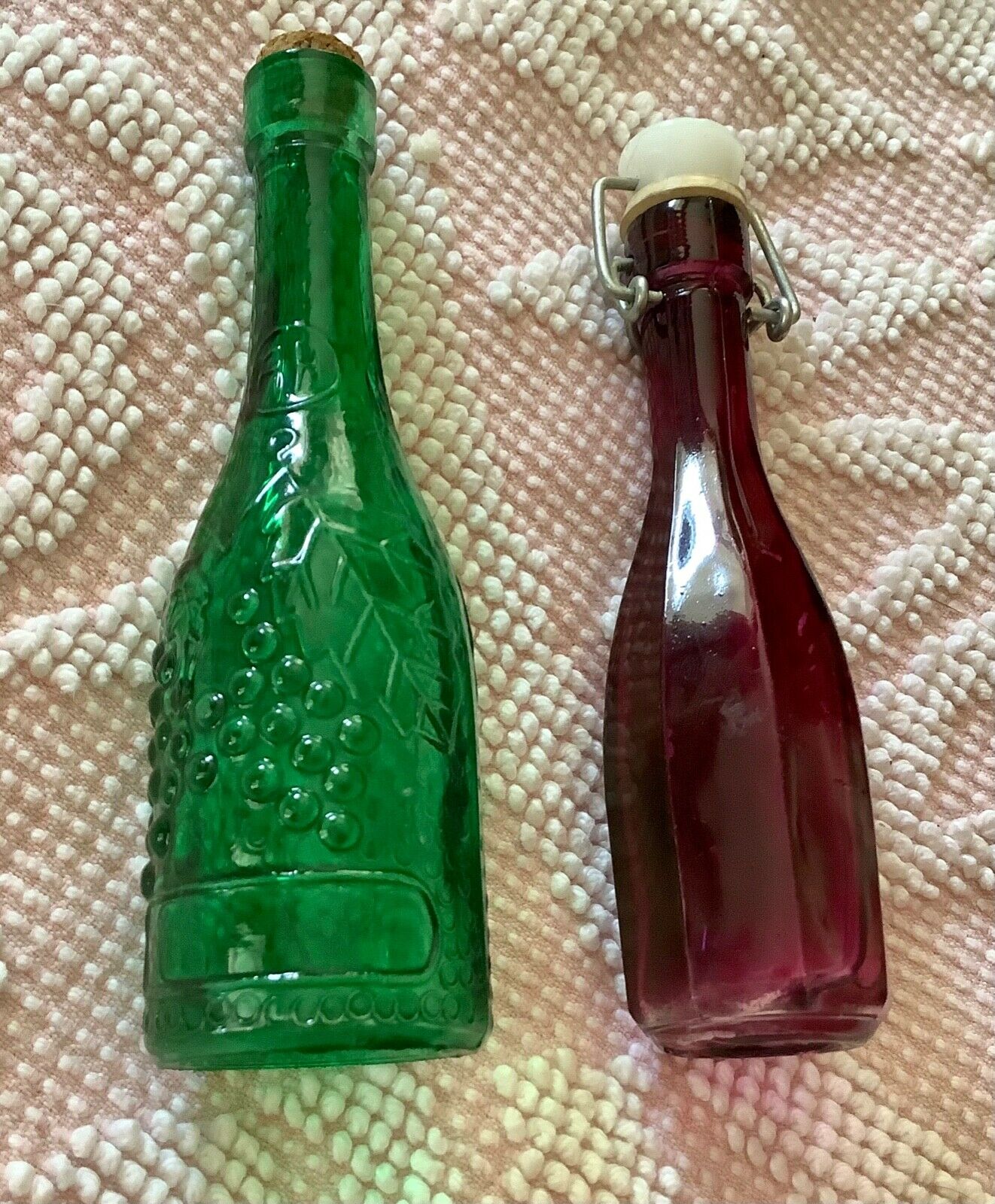 Pair Vtg Glass Small Colored Bottles Purple green grapes cork miniature stopper