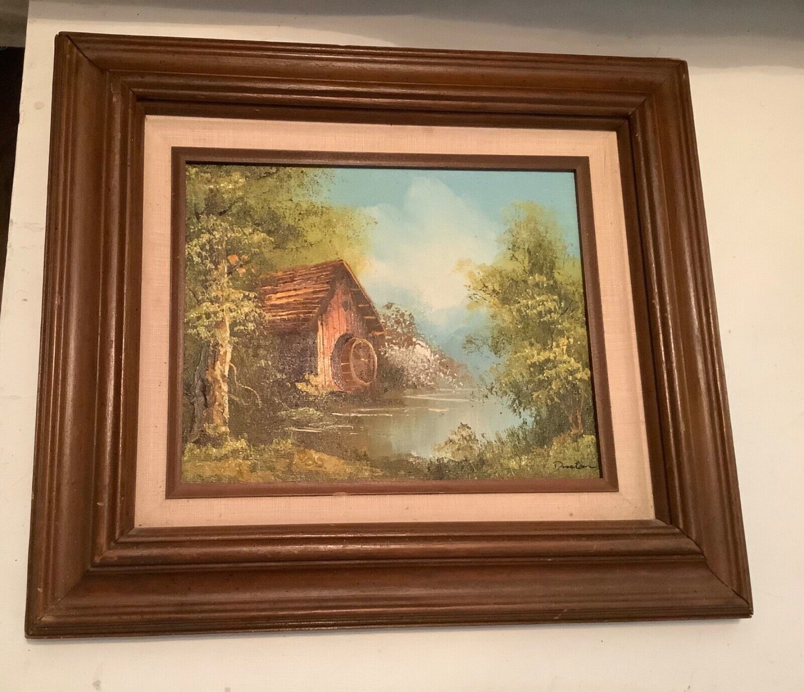 Vintage Oil Painting On Board Water Mill Stream Trees Framed linen picture frame