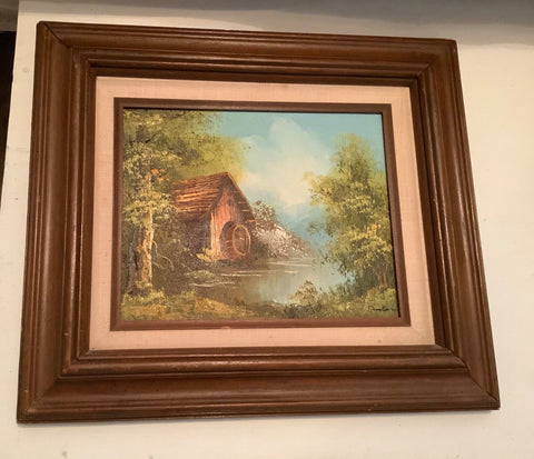 Vintage Oil Painting On Board Water Mill Stream Trees Framed linen picture frame