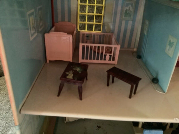 Vintage Tin Metal 2 story Doll house & Furniture-Mid Century modern