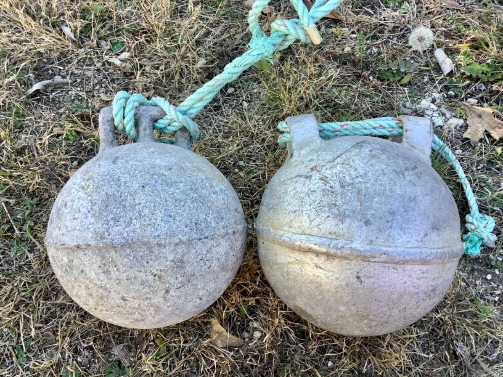 Vtg pair Antique Deep Sea metal zinc float buoy BELL with rope