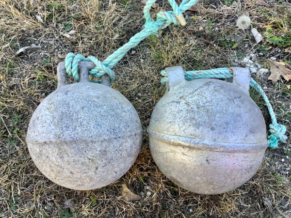 Vtg pair Antique Deep Sea metal zinc float buoy BELL with rope