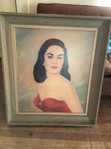 ORIGINAL VINTAGE MID CENTURY PORTRAIT PAINTING WOMAN  FIGURE RED DRESS framed