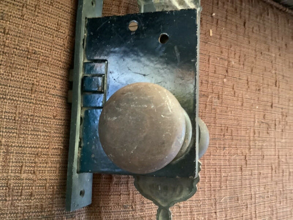 Antique Vtg Entrance Door Set Victorian / Eastlake Backplate Knob Mortise Lock