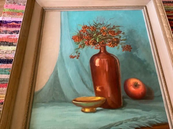 Vtg MID CENTURY FLORAL vase STILL LIFE PAINTING OIL ON CANVAS Frame FRAMED