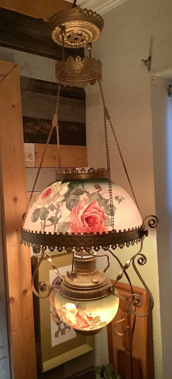 Chandelier Antique Swag Lamp Vtg Parlor Hanging Roses Floral Shade