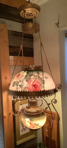 Vtg Parlor Hanging Roses floral shade Oil Kerosene swag Lamp Light  fixture