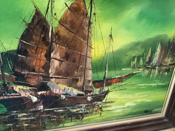 Pair Vtg Oil Painting ship boat sailboat sea ocean frame framed signed Tradub