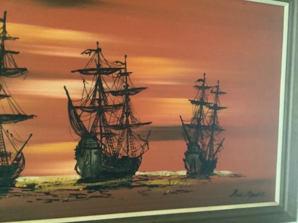 Vtg Mid-Century framed frame Modern Oil Painting Spanish Ships Orange signed mcm